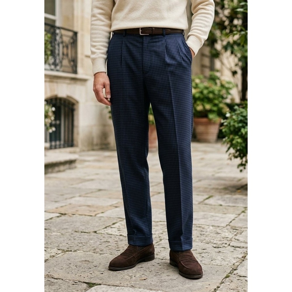 Polo Ralph Lauren Pleated Dress Trousers Mens 35x32 Blue Grid Linen Blend Pants